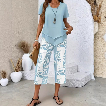 Ensemble Femme Haut Asymétrique et Pantalon Imprimé Coupe Droite