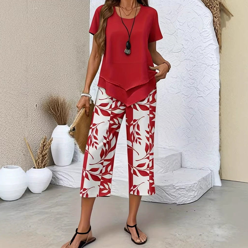 Ensemble Femme Haut Asymétrique et Pantalon Imprimé Coupe Droite