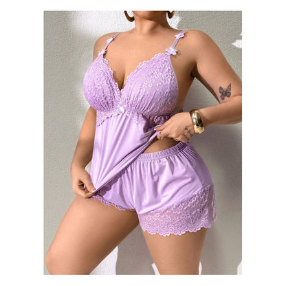 Ensemble Pyjama Femme Satin Léger Dentelle Bretelles Fines Short