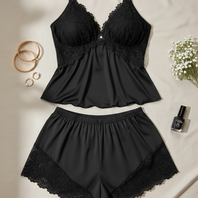 Ensemble Pyjama Femme Satin Léger Dentelle Bretelles Fines Short