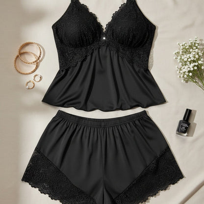 Ensemble Pyjama Femme Satin Léger Dentelle Bretelles Fines Short