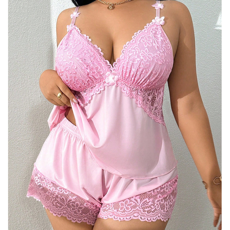 Ensemble Pyjama Femme Satin Léger Dentelle Bretelles Fines Short