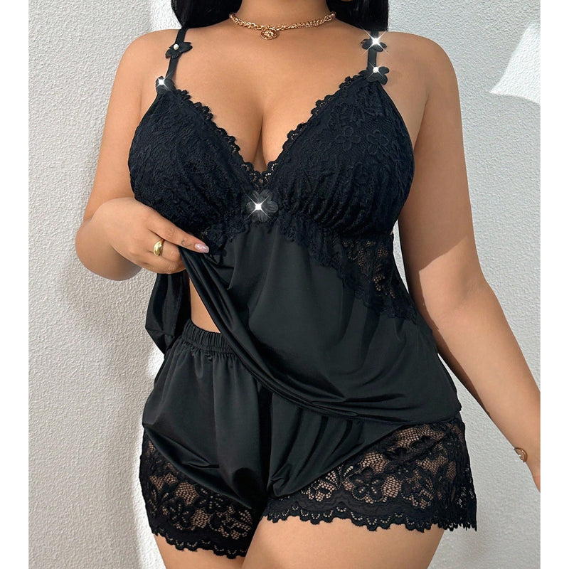 Ensemble Pyjama Femme Satin Léger Dentelle Bretelles Fines Short
