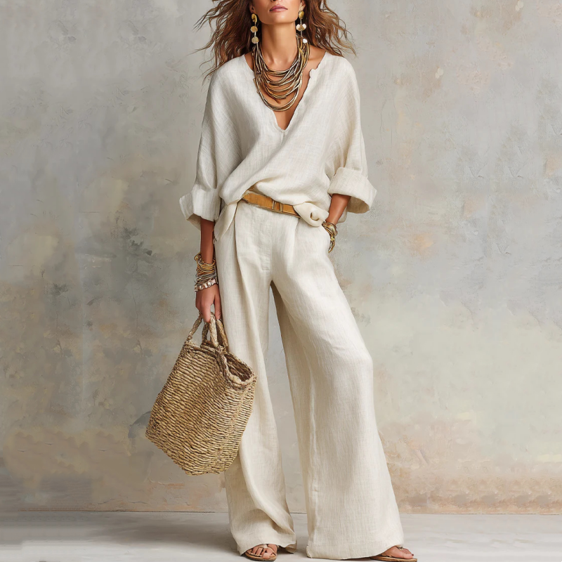 Ensemble Femme Effet Lin Pantalon Large Coupe Ample