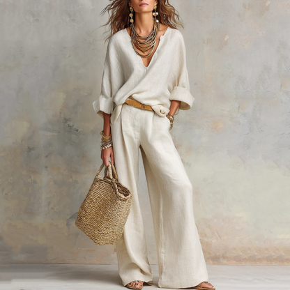 Ensemble Femme Effet Lin Pantalon Large Coupe Ample