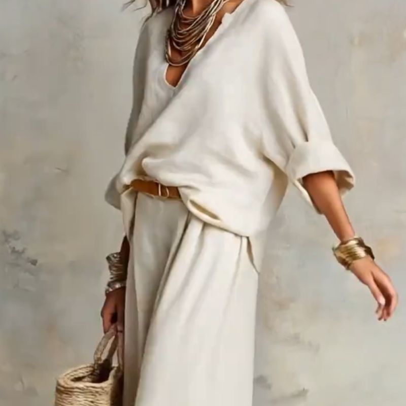 Ensemble Femme Effet Lin Pantalon Large Coupe Ample