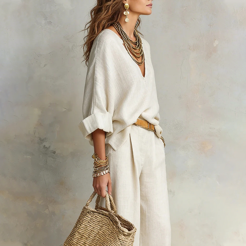 Ensemble Femme Effet Lin Pantalon Large Coupe Ample