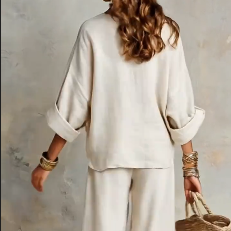Ensemble Femme Effet Lin Pantalon Large Coupe Ample