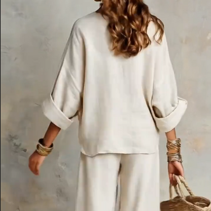Ensemble Femme Effet Lin Pantalon Large Coupe Ample