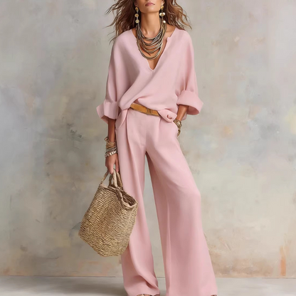 Ensemble Femme Effet Lin Pantalon Large Coupe Ample