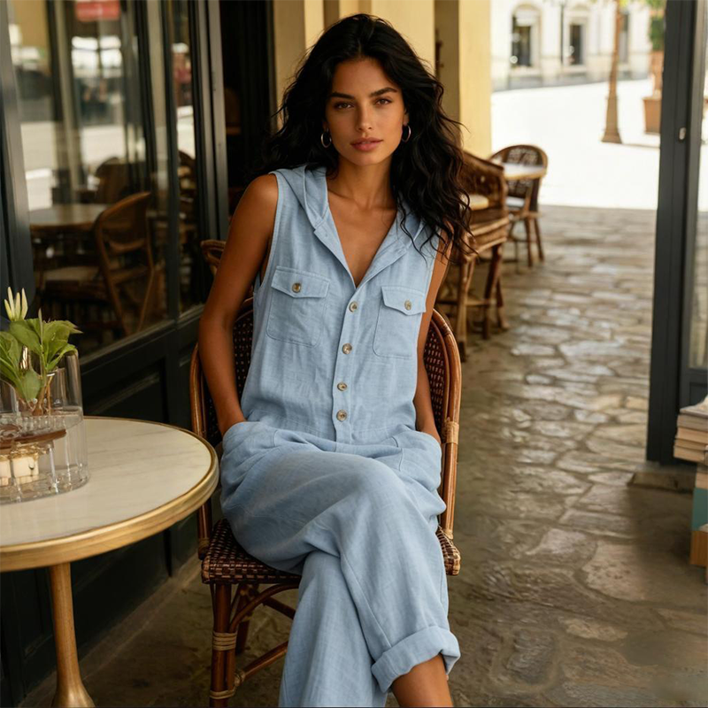 Combinaison Femme Lin Mélangé Sans Manches Boutonnée