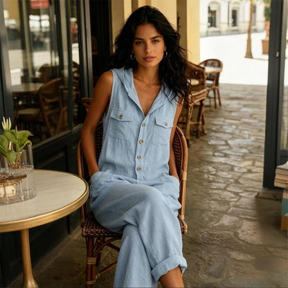 Combinaison Femme Lin Mélangé Sans Manches Boutonnée