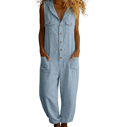 Combinaison Femme Lin Mélangé Sans Manches Boutonnée
