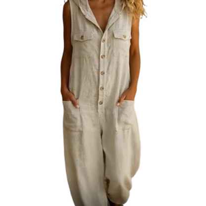 Combinaison Femme Lin Mélangé Sans Manches Boutonnée