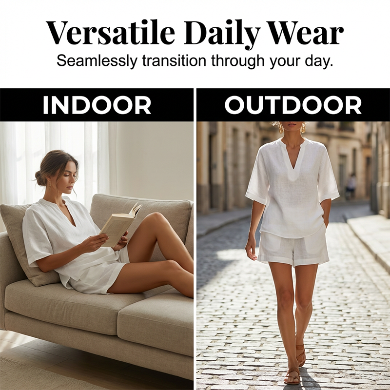 Ensemble Femme Blouse Col en V et Short Fluide Coupe Ample