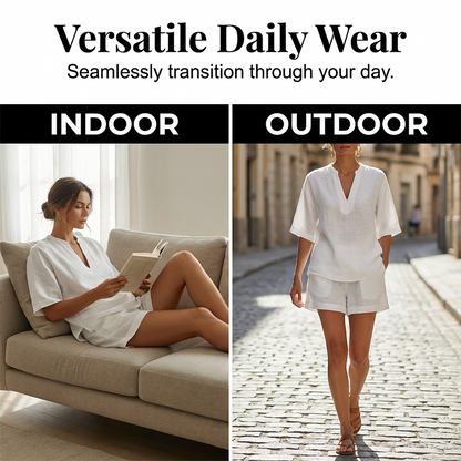 Ensemble Femme Blouse Col en V et Short Fluide Coupe Ample