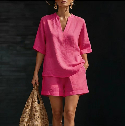 Ensemble Femme Blouse Col en V et Short Fluide Coupe Ample