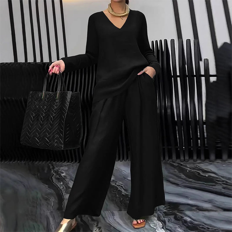 Ensemble Femme Fluide Pantalon Large Col en V