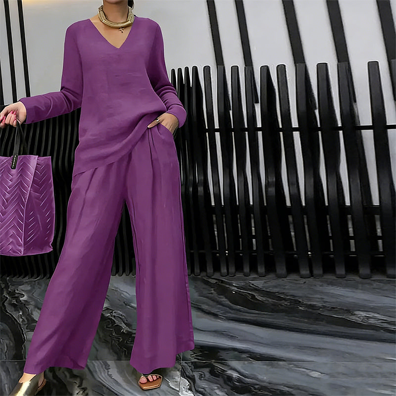 Ensemble Femme Fluide Pantalon Large Col en V