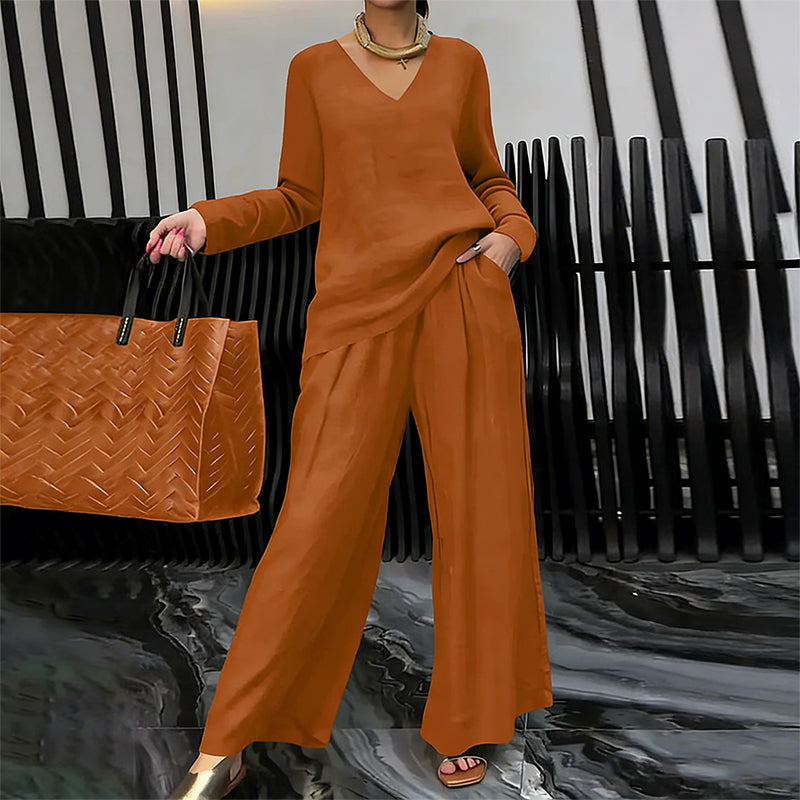 Ensemble Femme Fluide Pantalon Large Col en V