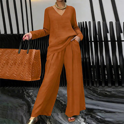 Ensemble Femme Fluide Pantalon Large Col en V