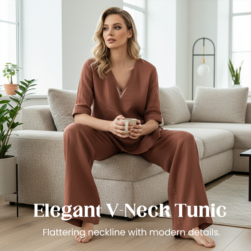 Ensemble Femme Coton et Lin Haut Col V Pantalon Ample