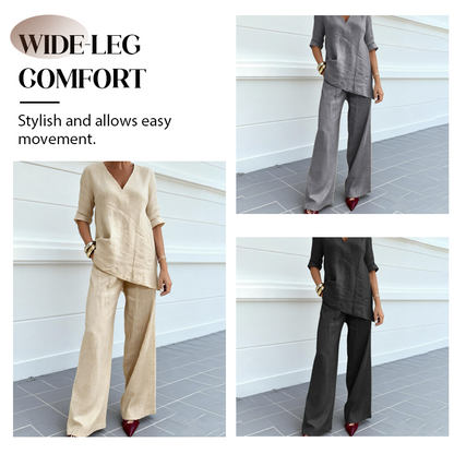 Ensemble Femme Coton et Lin Haut Col V Pantalon Ample