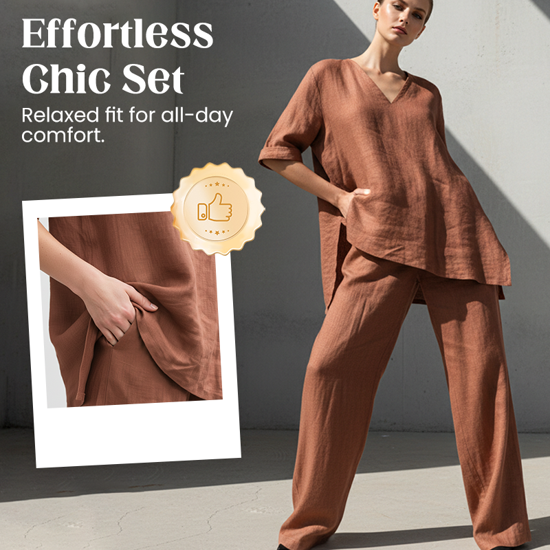 Ensemble Femme Coton et Lin Haut Col V Pantalon Ample