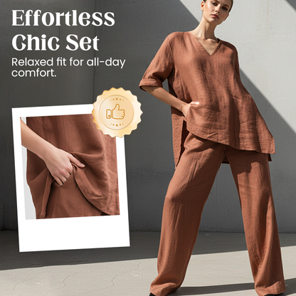 Ensemble Femme Coton et Lin Haut Col V Pantalon Ample