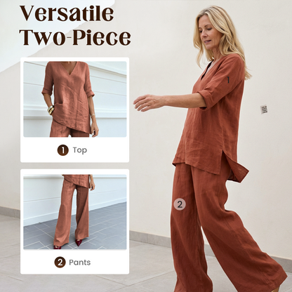 Ensemble Femme Coton et Lin Haut Col V Pantalon Ample