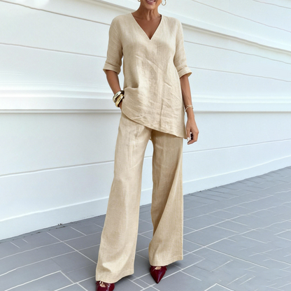 Ensemble Femme Coton et Lin Haut Col V Pantalon Ample