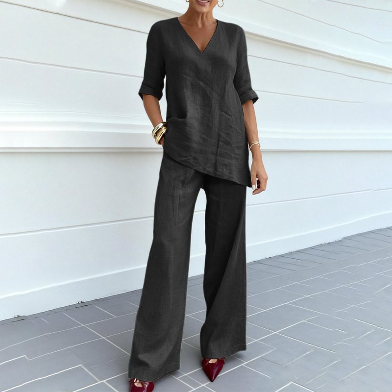Ensemble Femme Coton et Lin Haut Col V Pantalon Ample