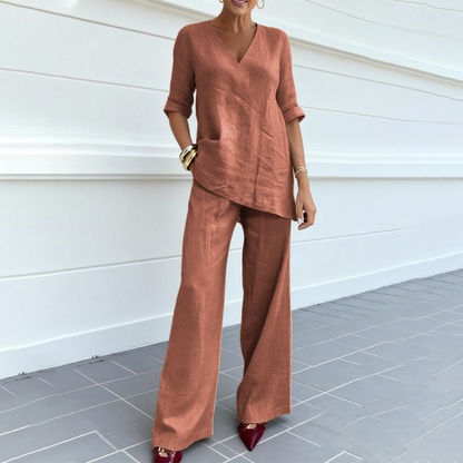 Ensemble Femme Coton et Lin Haut Col V Pantalon Ample