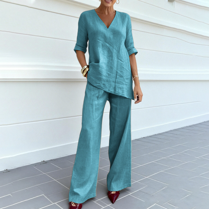 Ensemble Femme Coton et Lin Haut Col V Pantalon Ample