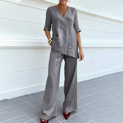 Ensemble Femme Coton et Lin Haut Col V Pantalon Ample