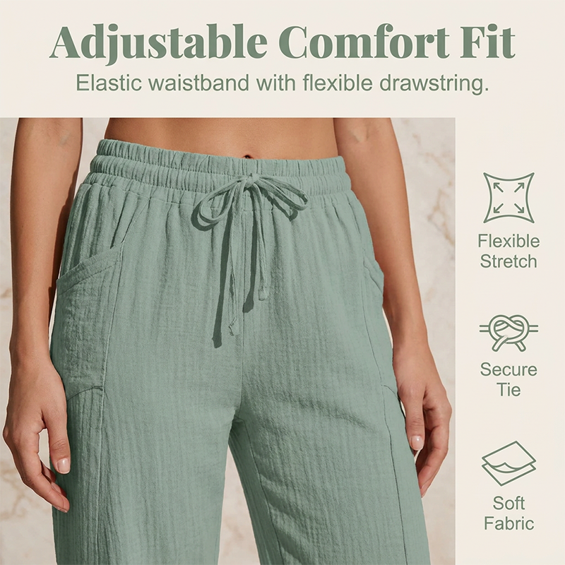 Pantalon Cropped Femme Coton Lin Taille Elastique Confortable