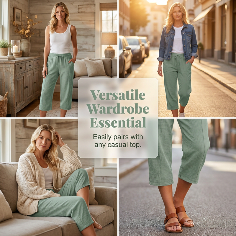 Pantalon Cropped Femme Coton Lin Taille Elastique Confortable