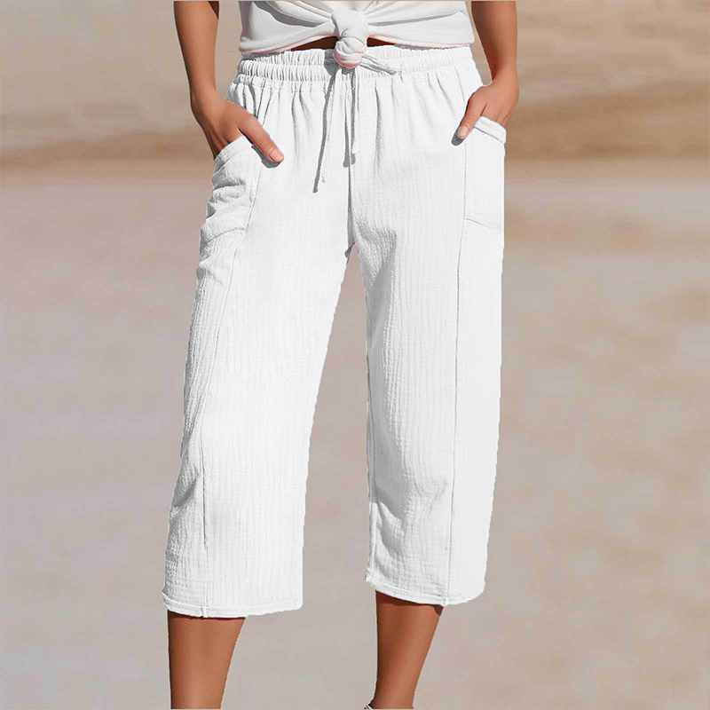 Pantalon Cropped Femme Coton Lin Taille Elastique Confortable