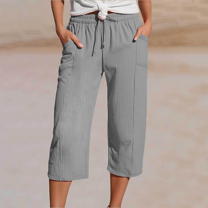 Pantalon Cropped Femme Coton Lin Taille Elastique Confortable