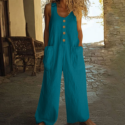 Combinaison Femme Coton et Lin Coupe Ample Boutons Décoratifs