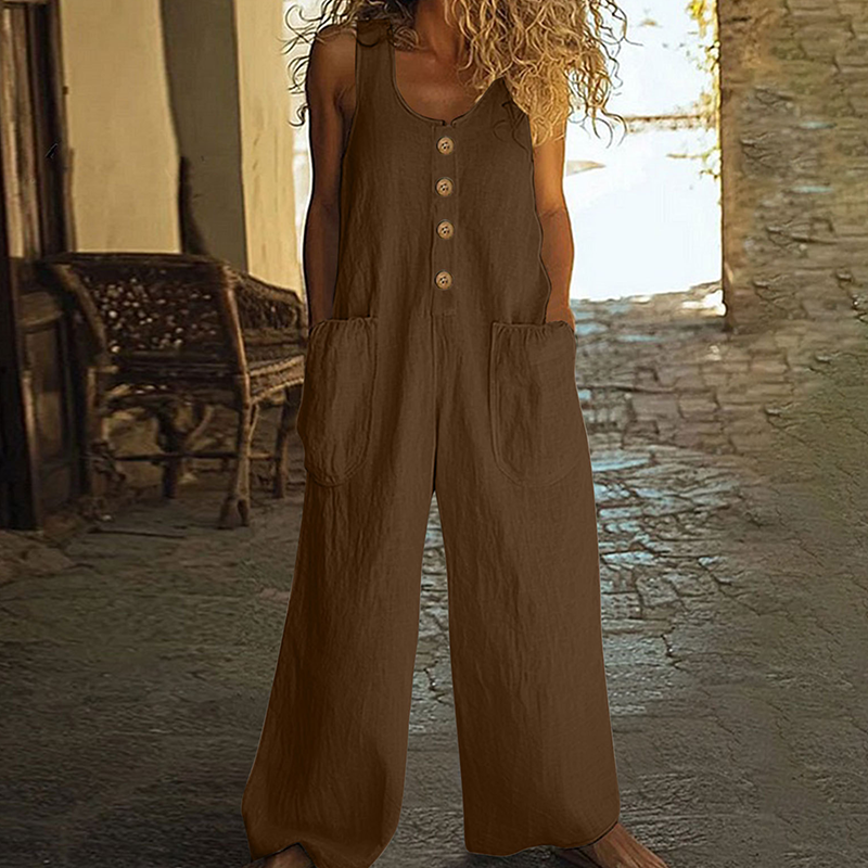 Combinaison Femme Coton et Lin Coupe Ample Boutons Décoratifs