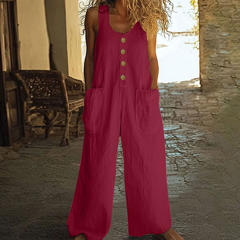 Combinaison Femme Coton et Lin Coupe Ample Boutons Décoratifs