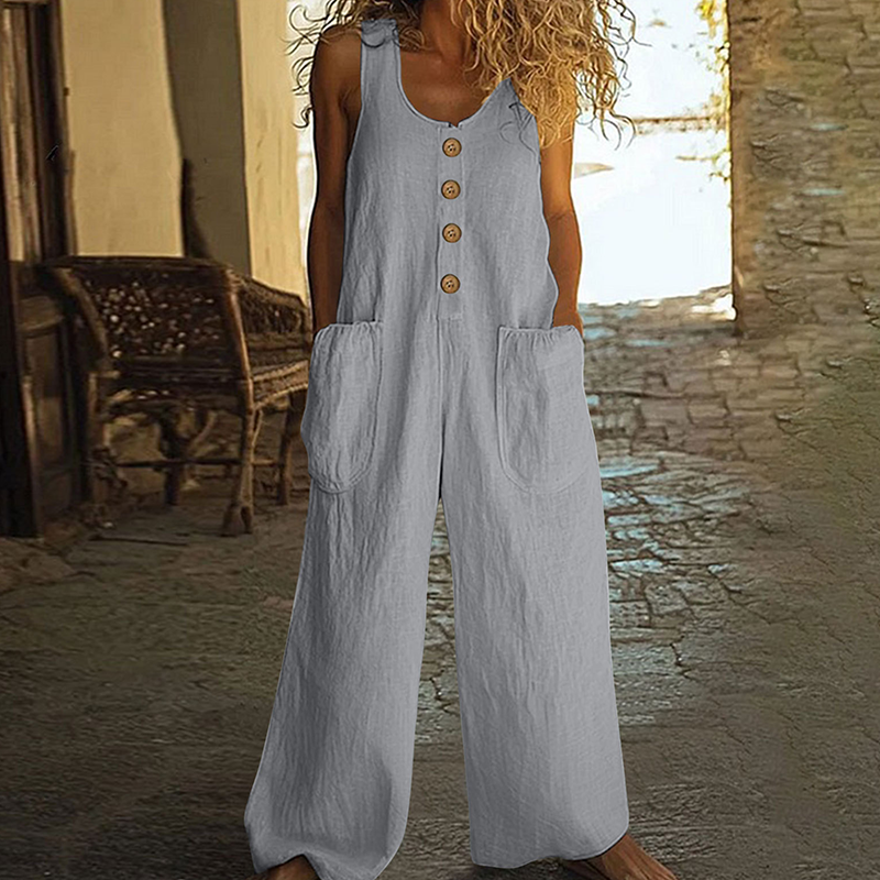 Combinaison Femme Coton et Lin Coupe Ample Boutons Décoratifs