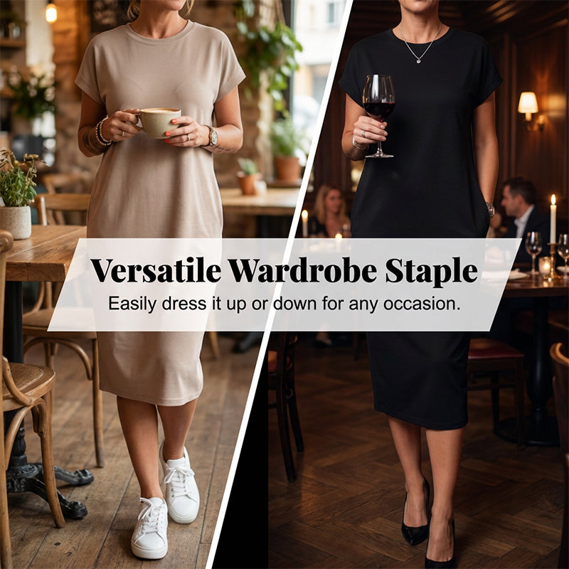 Robe T-shirt Femme Midi Coton Coupe Ample Poches Pratiques
