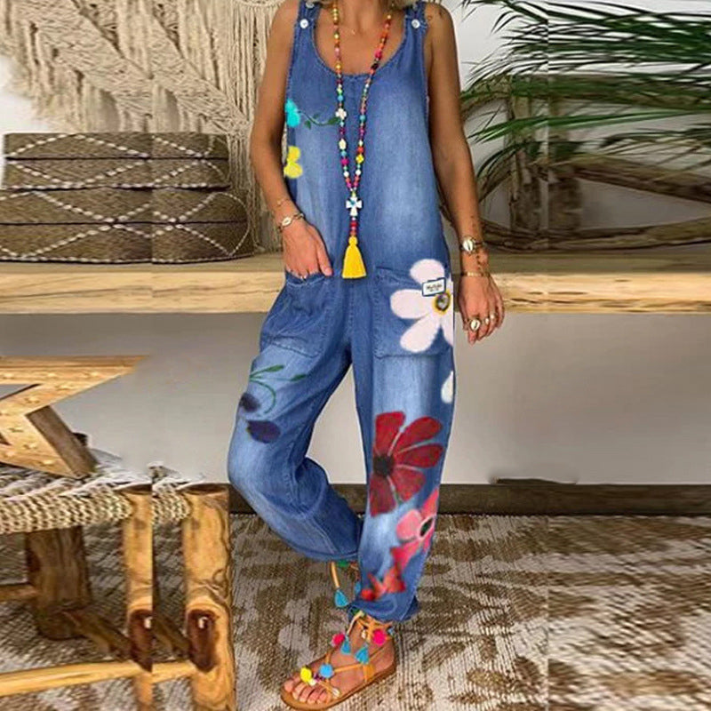 Salopette Femme Denim Imprimé Floral Coupe Ample