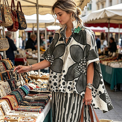 Ensemble Femme Haut Botanique et Pantalon Rayé Coupe Droite