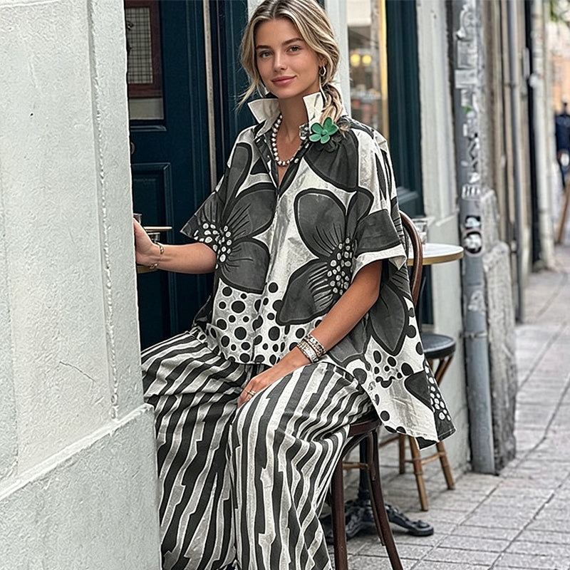 Ensemble Femme Haut Botanique et Pantalon Rayé Coupe Droite