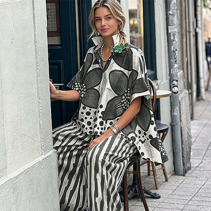 Ensemble Femme Haut Botanique et Pantalon Rayé Coupe Droite