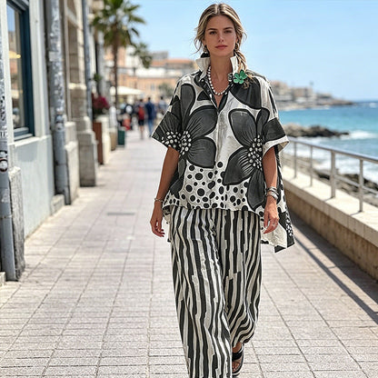 Ensemble Femme Haut Botanique et Pantalon Rayé Coupe Droite