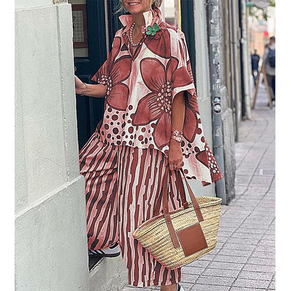 Ensemble Femme Haut Botanique et Pantalon Rayé Coupe Droite